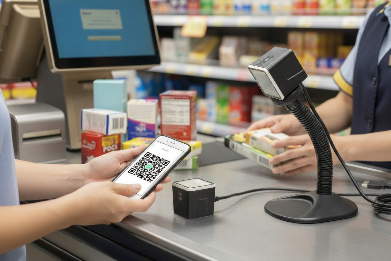 Hybrid stationary scanners provide versatile hands-free and mobile payment scanning at busy checkout counters.